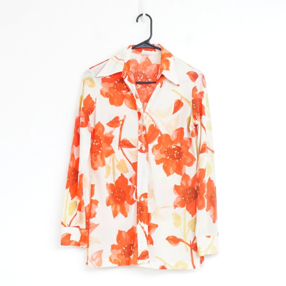 Vintage 70s Vera Red Cream Floral Print Button Down Top M